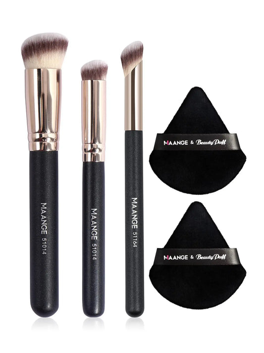 5 Piece Makeup Brush & Sponge Set - 3 Brushes + 2 Triangle Air Cushion Puffs | Foundation & Concealer Kit
