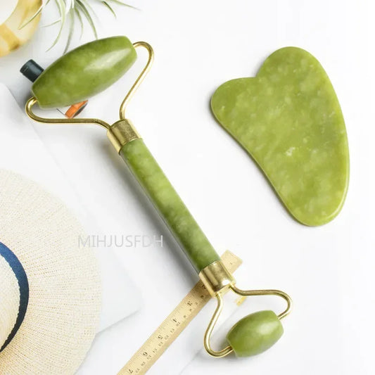 Natural Jade Roller & Gua Sha Set - Facial Massage Tool for Anti-Aging, Lifting & Lymphatic Drainage | Authentic Jade Stone